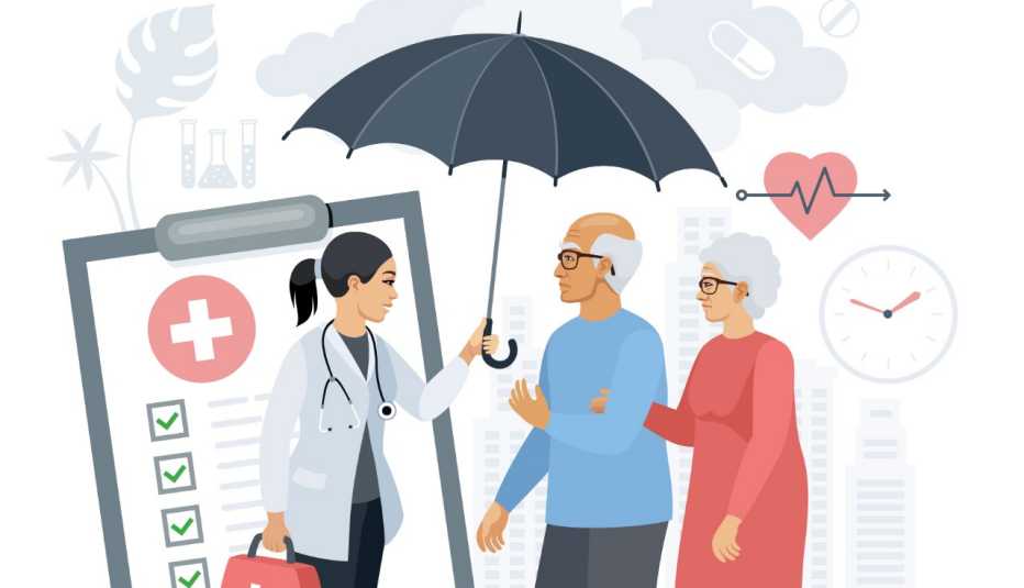 Ilustración de un médico que cubre una pareja mayor con una sombrilla, al fondo un documento médico