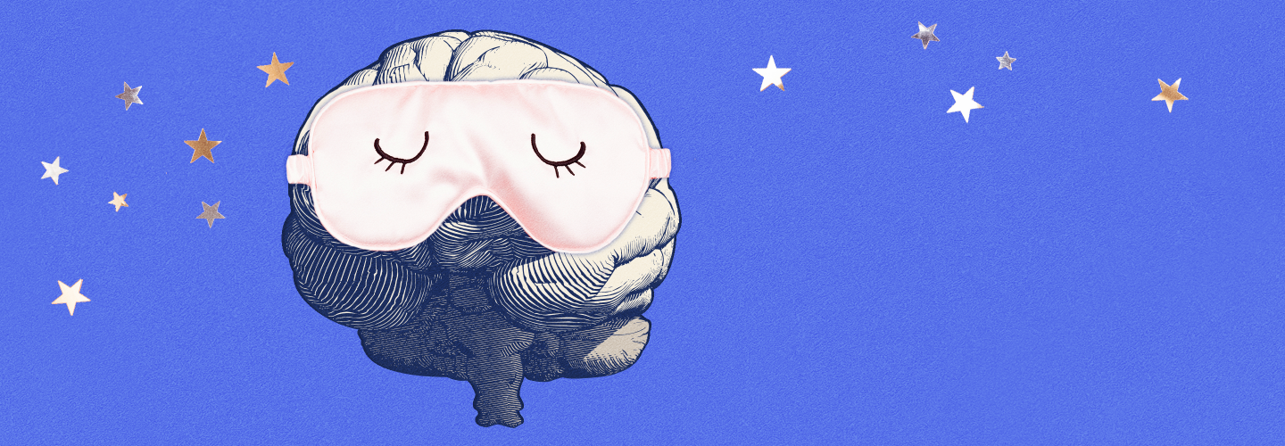 brain wearing sleep mask on blue background with stars