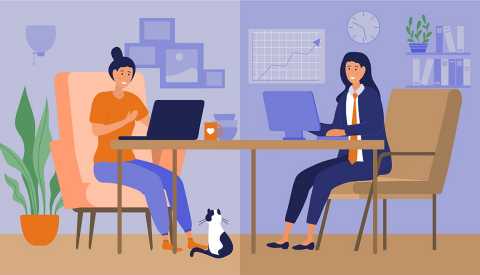 Ilustración de una mujer. A un lado trabaja desde casa y al otro desde su oficina. Ilustración de una mujer. A un lado trabaja desde casa y al otro desde su oficina.
