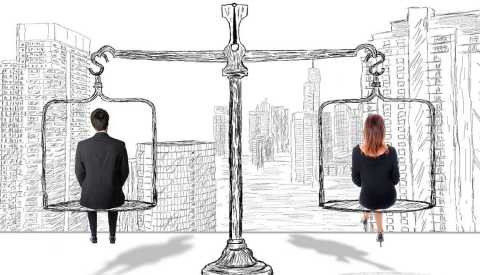 Ilustración balanza salarial entre un hombre y una mujer Ilustración balanza salarial entre un hombre y una mujer