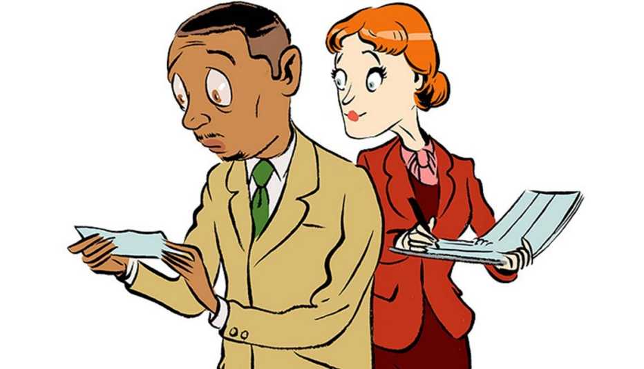 Illustración de dos personas nerviosas leyendo una nota