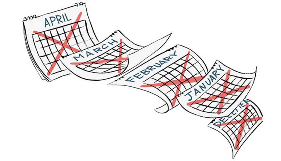 Illustración de un almanaque mientras se desprenden hojas de meses pasados