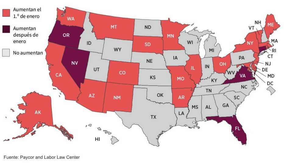 Mapa de Estados Unidos con los estados donde aumentará el salario mínimo en el 2021 Mapa de Estados Unidos con los estados donde aumentará el salario mínimo en el 2021
