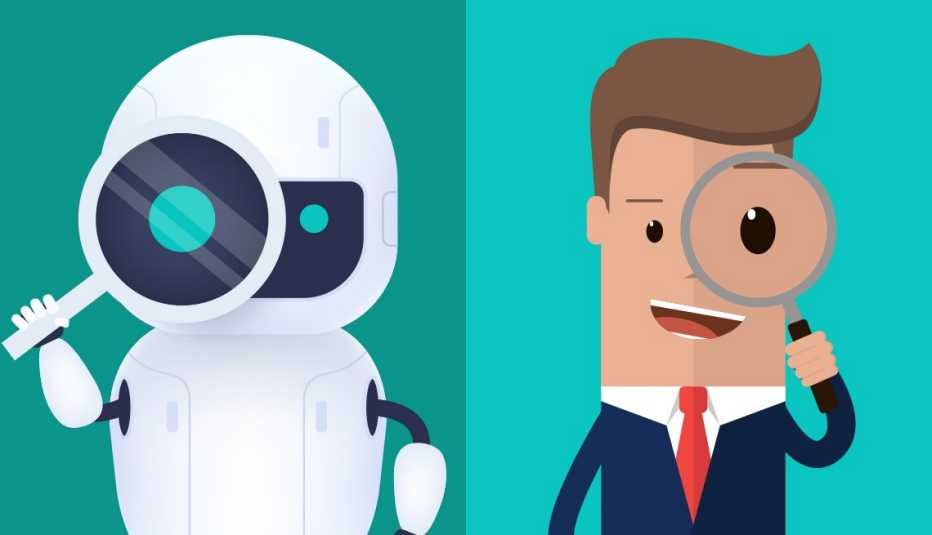 Ilustración de un robot con una lupa al lado de un ejecutivo con una lupa