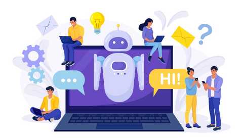 Ilustración de una computadora de la que salen un robot e íconos alrededor de personas con dispositivos digitales