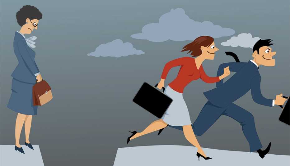 Ilustración de ejecutivos corriendo y una mujer que no puede saltar Ilustración de ejecutivos corriendo y una mujer que no puede saltar