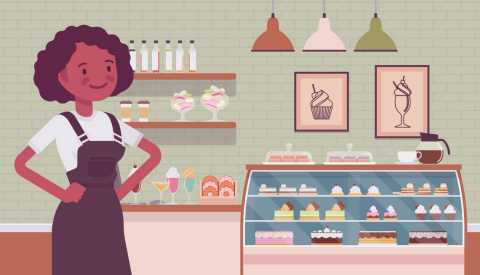 Ilustración de una mujer frente a su negocio de pastelería Ilustración de una mujer frente a su negocio de pastelería