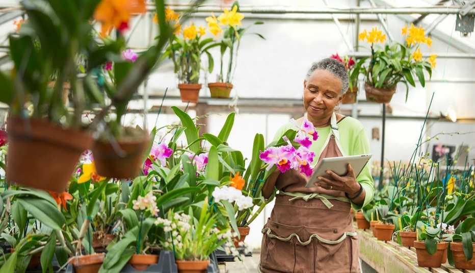 Mujer sostiene una tableta en una mano y con la otra acaricia una flor en un vivero Mujer sostiene una tableta en una mano y con la otra acaricia una flor en un vivero
