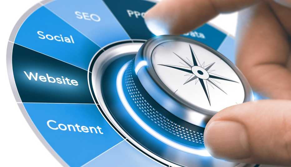Mano sobre un botón que selecciona herramientas de mercadeo digital como contenido, sitio web, red social, seo, ppo