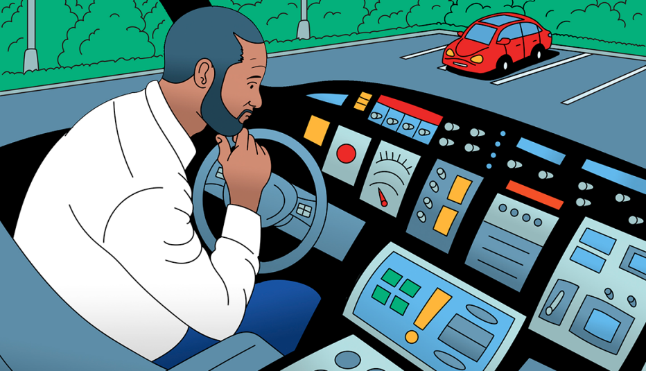 Hombre mira el panel de controles de un auto de alquiler
