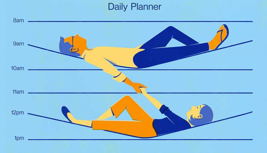 ilustración de una agenda diaria con líneas para cada hora y una pareja acostada en esas líneas como si fueran hamacas sin nada en el calendario