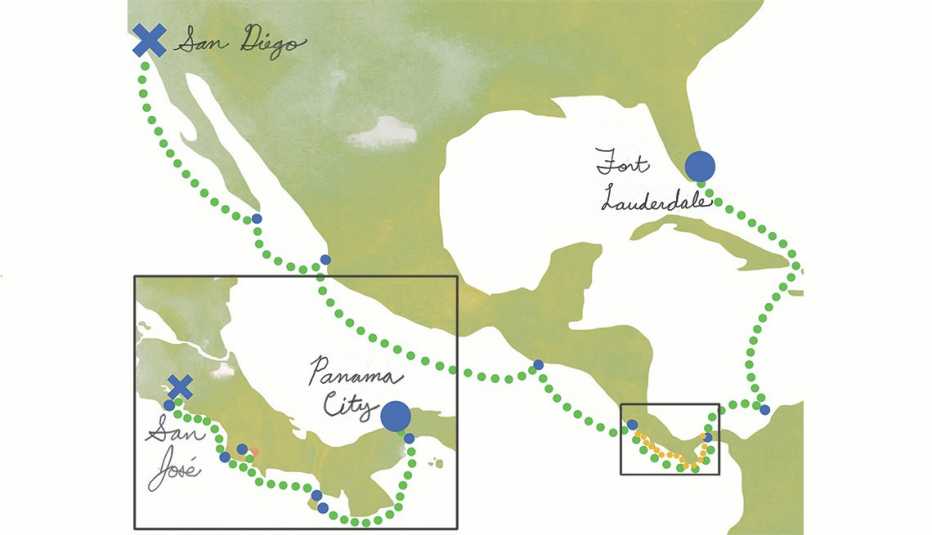 Mapa de Centro América que muestra la ruta de un crucero Mapa de Centro América que muestra la ruta de un crucero
