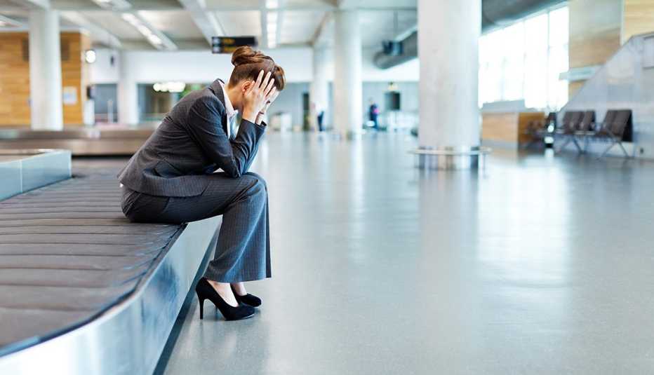 Mujer está sentada en una banda transportadora de equipaje de un aeropuerto.