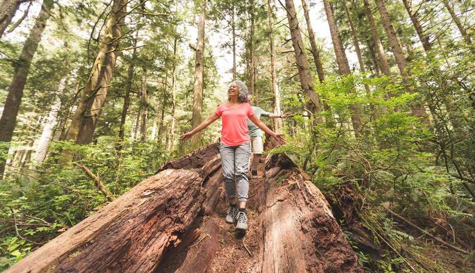 Pareja de adultos mayores caminan sobre un tronco en el bosque.
