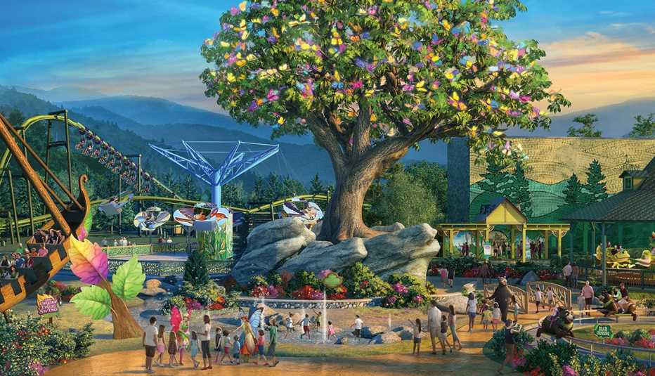 Ilustración que muestra un parque de diversiones 