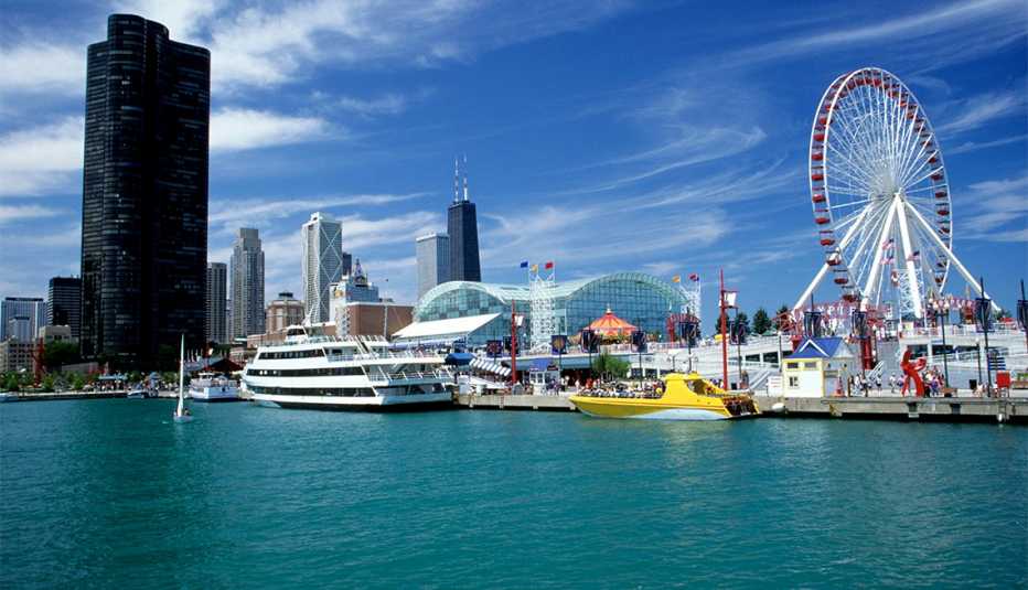 Horizonte de Chicago, el Navy Pier Park, y el edificio Hancock 