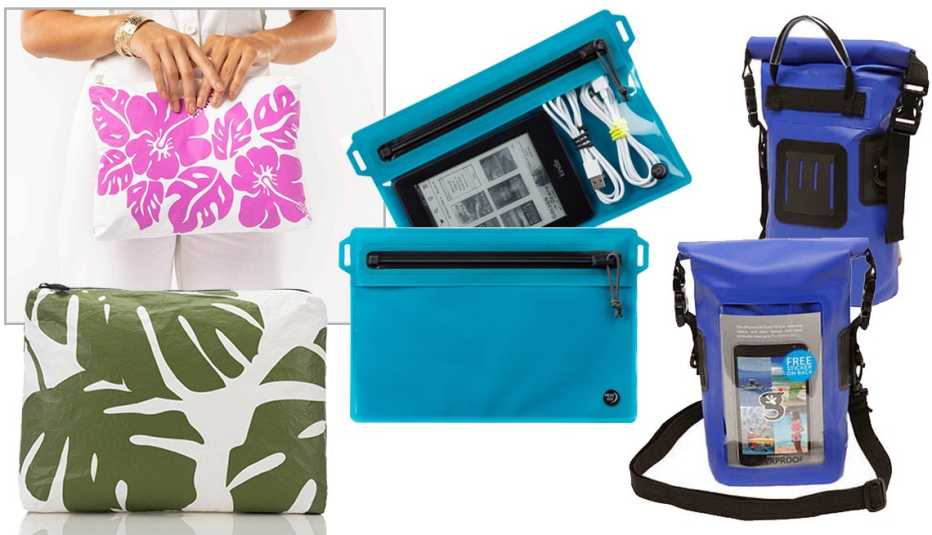 Imágenes de tres estilos de bolsas impermeables para viajar