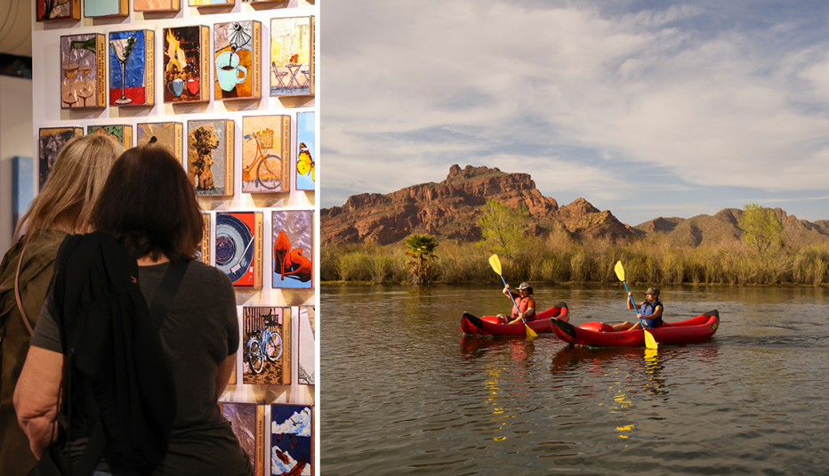 Izquierda, visitantes disfrutan del ArtWalk en Scottdale; derecha, personas en kayak.