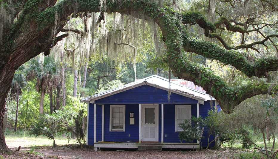 Casa pequeña bajo un roble centenario cubierto de musgo español en la isla Daufuskie, en Carolina del Sur. 