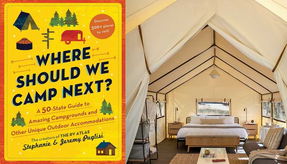 Portada del libro Where Should We Camp Next, dentro de una tienda de lona
