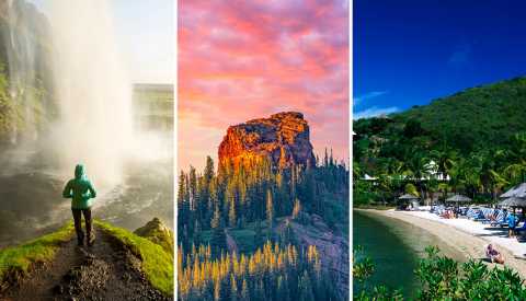 Mujer haciendo senderismo, formación rocosa en una montaña y gente tomando sol en una playa Mujer haciendo senderismo, formación rocosa en una montaña y gente tomando sol en una playa