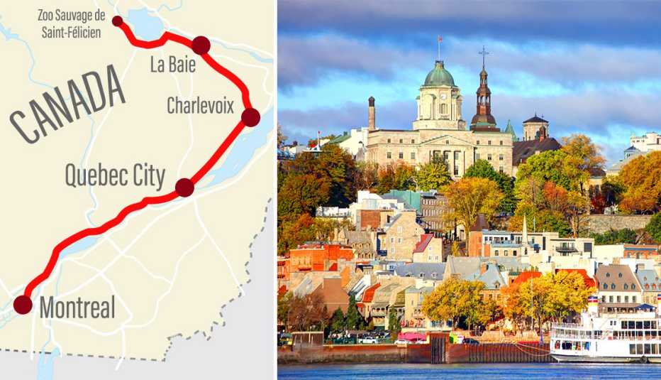 Mapa muestra la ruta entre Montreal y el lago Saint-Jean en la provincia de Quebec