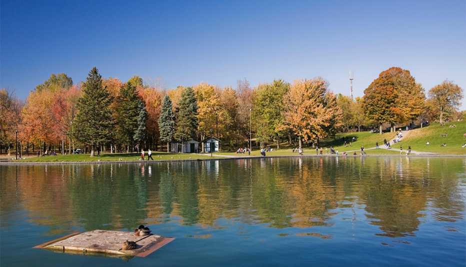 Personas caminando a lo largo de un lago
