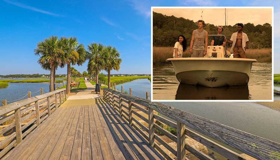pitt street causeway in mount pleasant south carolina inset actors madison bailey rudy pankow chase stokes and jonathan daviss from the outer banks