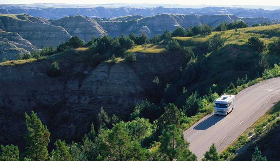 aerial view of an RV at Theodore Roosevelt National Park aerial view of an RV at Theodore Roosevelt National Park