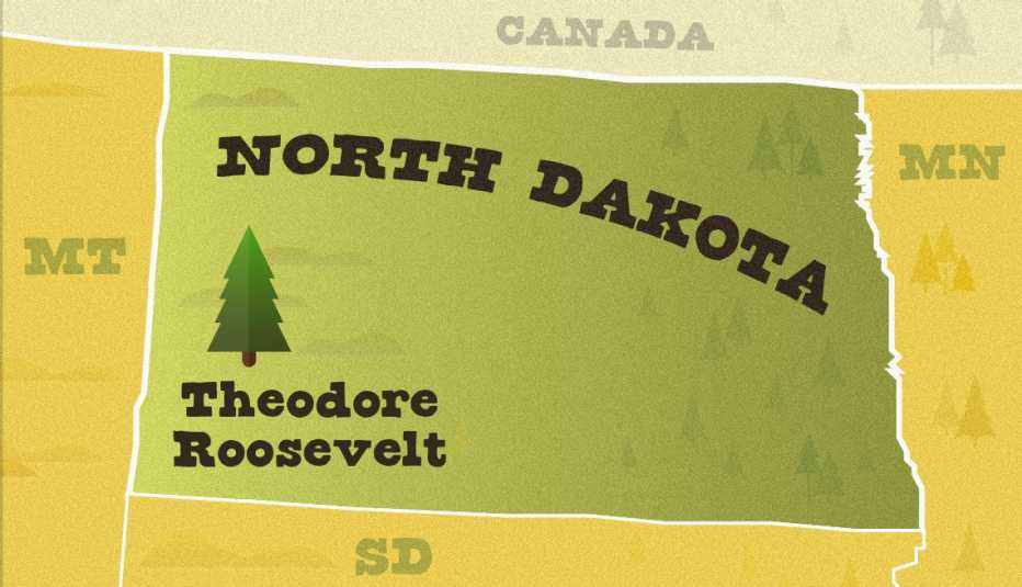Mapa ilustrado de Dakota del Norte y ubicación del Theodore Roosevelt National Park Mapa ilustrado de Dakota del Norte y ubicación del Theodore Roosevelt National Park