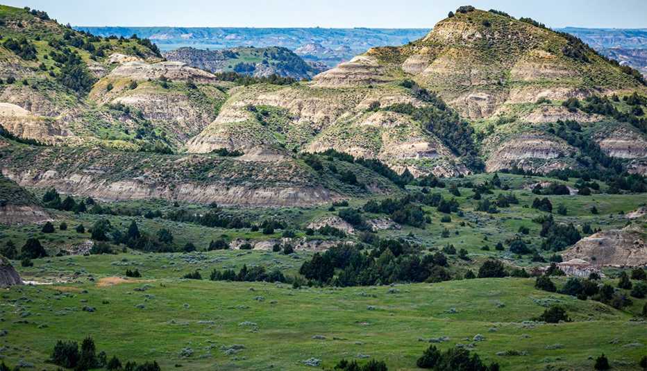 A panoramic view from the Painted Canyon Overlook in the South Unit of Theodore Roosevelt National Park near Medora, North Dakota