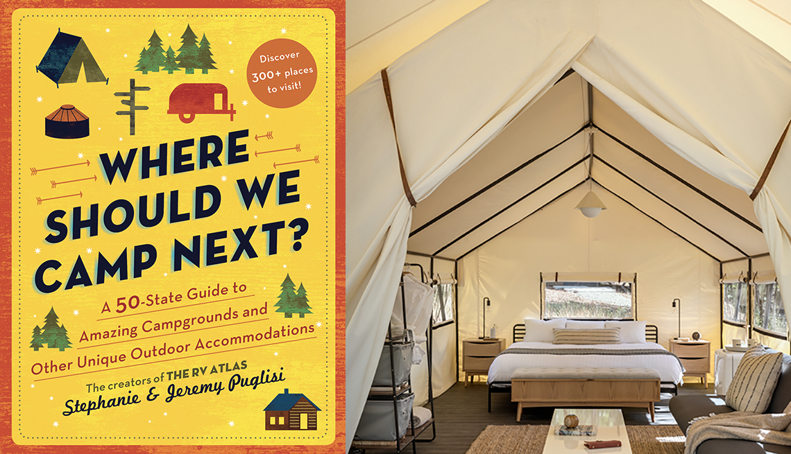 Portada del libro Where Should We Camp Next, dentro de una tienda de lona