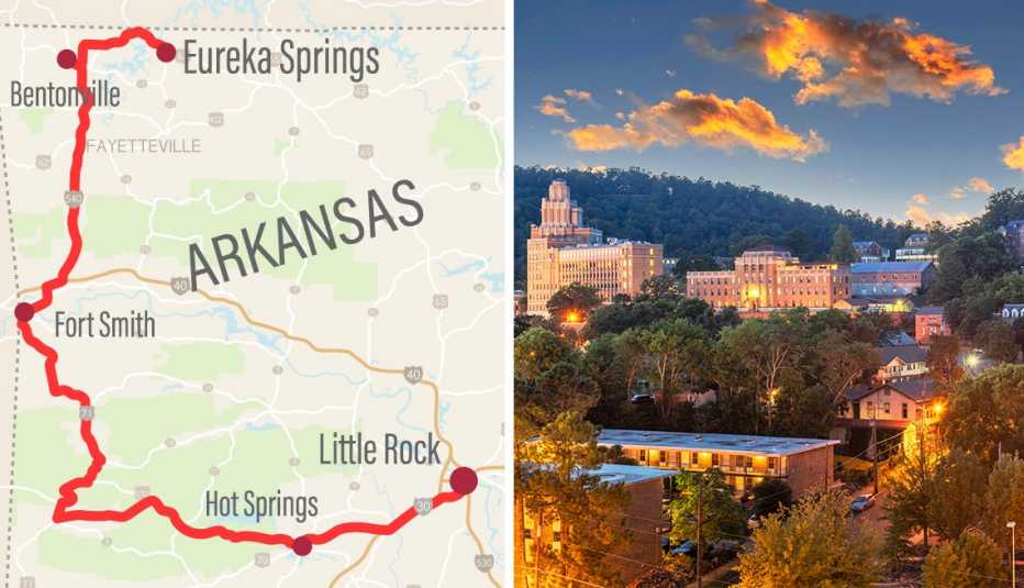 Mapa con ruta de viaje por carretera en Arkansas Mapa con ruta de viaje por carretera en Arkansas