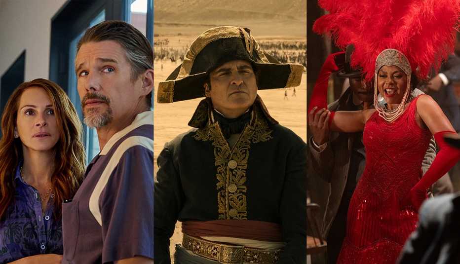 (De izquierda a derecha) Julia Roberts y Ethan Hawke en "Leave the World Behind", Joaquin Phoenix en "Napoleon" y Taraji P. Henson en "The Color Purple".