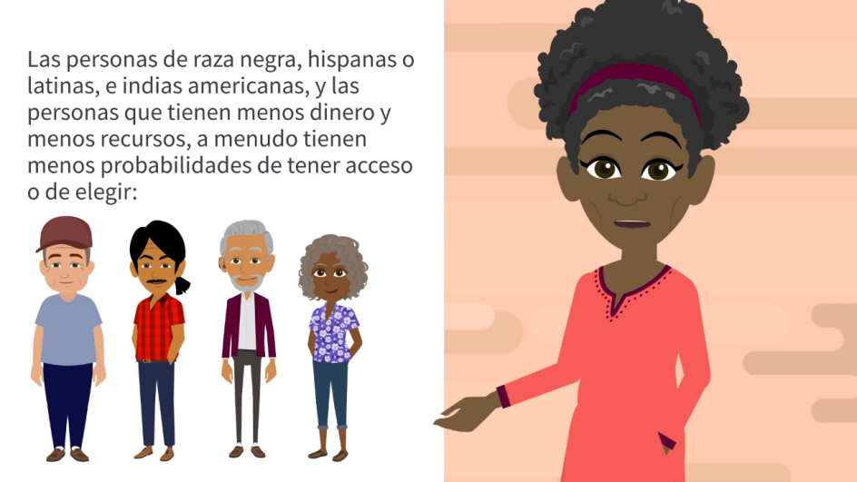 illustration of woman on right side and 4 other people on left with video text above those 4 people
