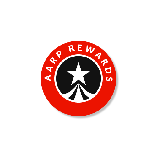 aarp rewards program badge with red ring and star in the middle