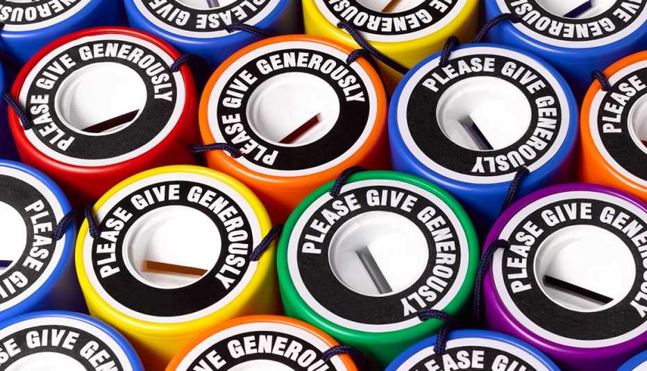 top view montage of brightly colored donation coin collection containers that all read, "Please Give Generously"
