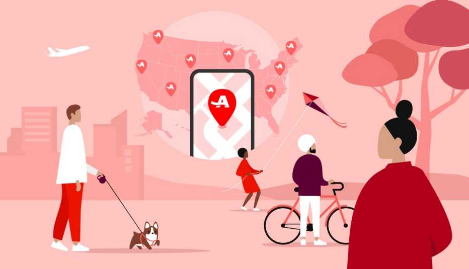 A vibrant, livable community cityscape featuring a man walking his dog, a cyclist, a woman flying a kite, and another woman observing the scene, with map icons on a U.S. map in the background representing local engagement.