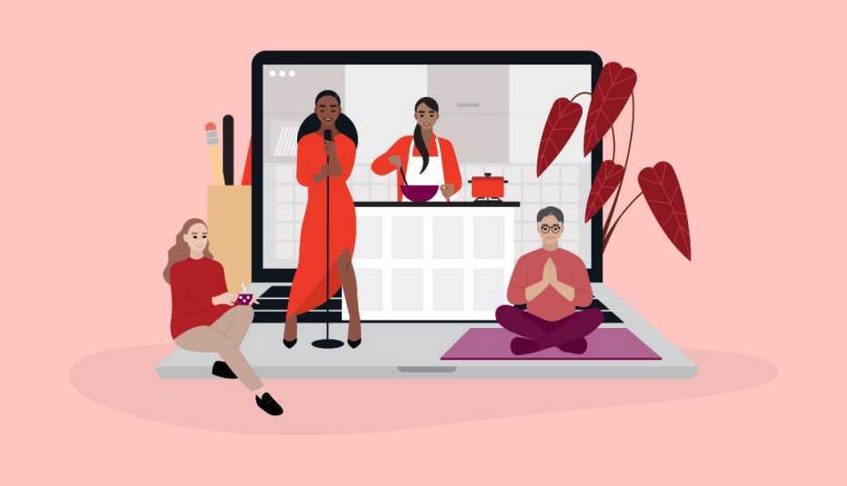 Illustration of virtual events from a laptop representing activities such as cooking classes, entertainment, yoga and meditation