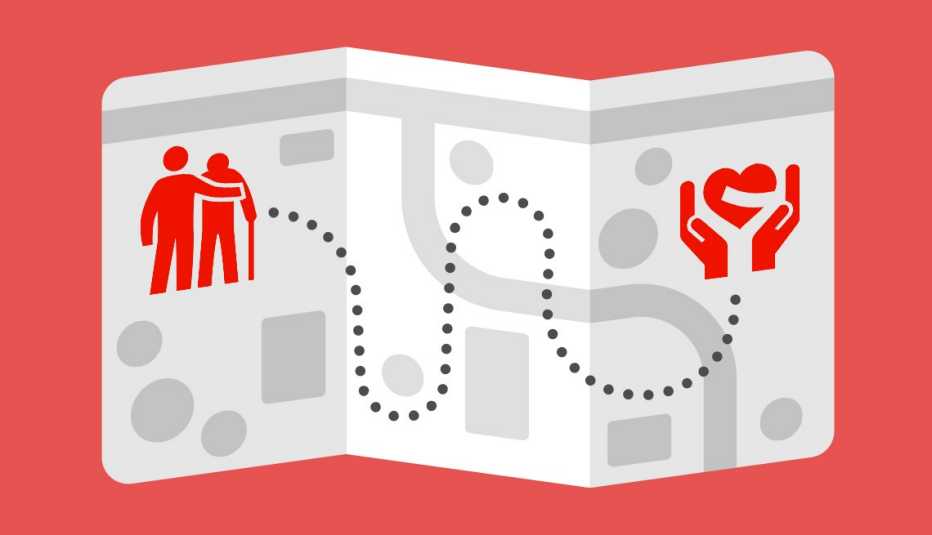 Ilustración de un mapa con el icono de una persona ayudando a otra con un bastón