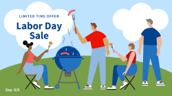limited time labor day sale banner with people and grill at a community bbq​

​