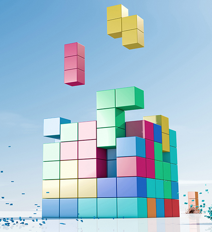 illustration of multi colored boxes forming a cube like a 3d puzzle.