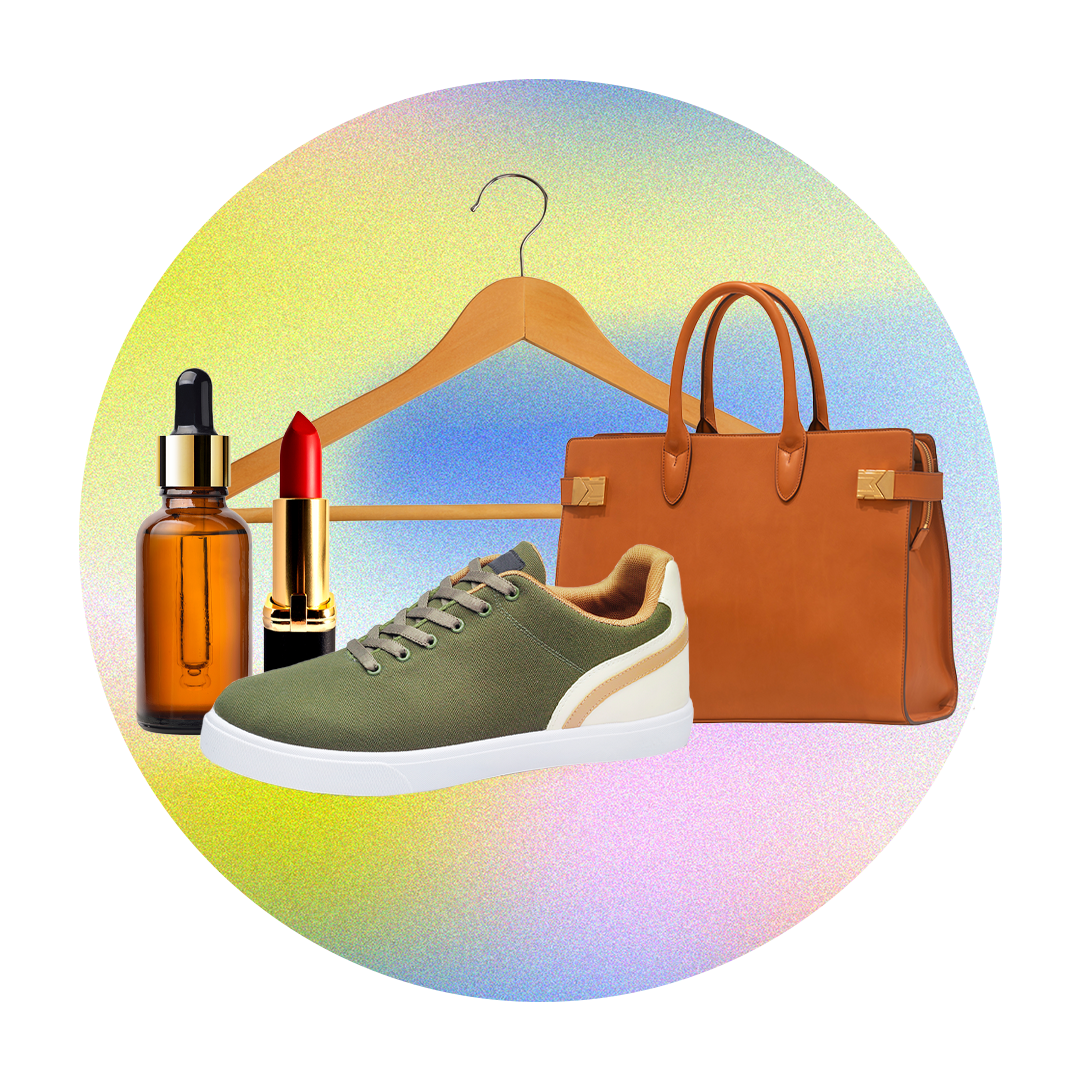 lipstick, makeup, a clothes hanger, a bag and a shoe