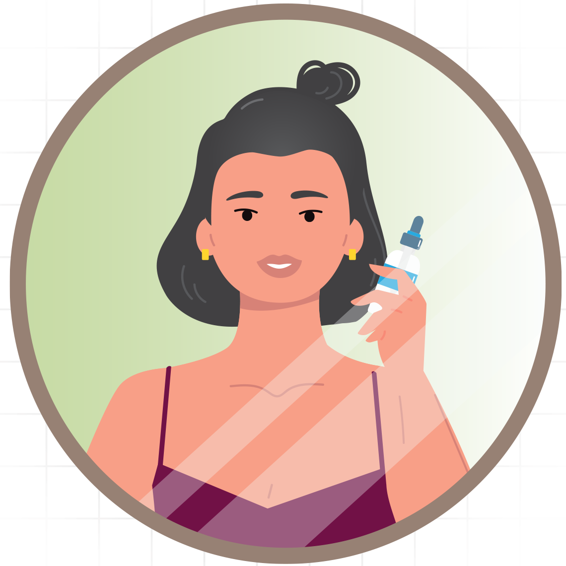 woman looking into a circular bathroom mirror holding a bottle of skin serum woman looking into a circular bathroom mirror holding a bottle of skin serum
