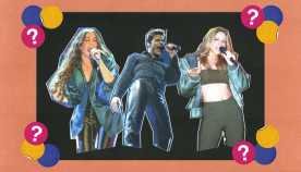 Alanis Morissette, Ricky Martin, and Mariah Carey all holding and singing into different microphone; surrounded by blue, yellow and pink circles with question marks in them