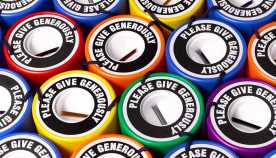 top view montage of brightly colored donation coin collection containers that all read, "Please Give Generously" top view montage of brightly colored donation coin collection containers that all read, "Please Give Generously"