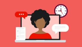 Work webinars a person on a laptop screen with various icons around it