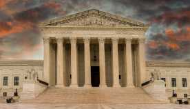 2025 Supreme Court Preview Cover Rain clouds pass over the Supreme Court leaving the grounds wet and storm clouds colorful.