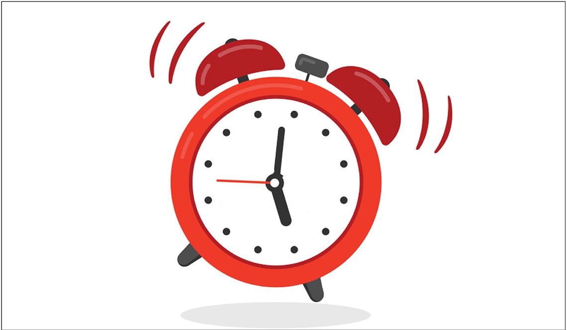 Illustration of an alarm clock ringing at about 5 o'clock. 