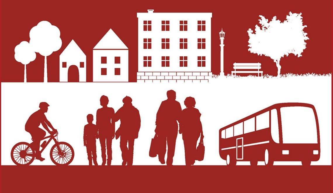 Illustration showing community members, public spaces, housing and transportation options